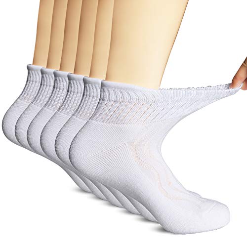 MD 6 Pairs Non-binding Women's Moisture Wicking Cushion Quarter Bamboo Diabetic Socks 9-11 White