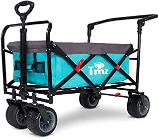 TMZ All Terrain Utility Folding Wagon, Collapsible Garden Cart, Heavy Duty Beach Wagon, for Shopping, Camping, and Outdoor Activities with Push Handle and Brakes (Turquoise&Grey)