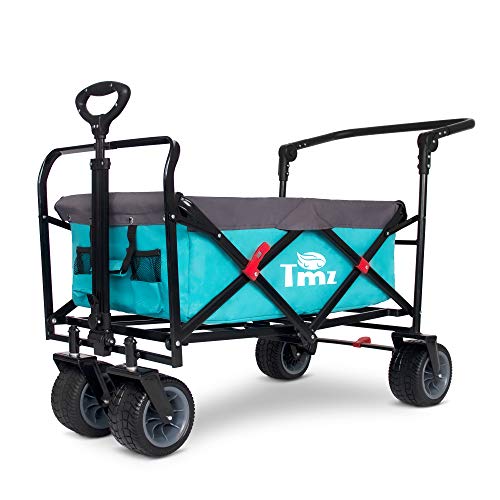 TMZ All Terrain Utility Folding Wagon, Collapsible Garden Cart, Heavy Duty Beach Wagon, for Shopping, Camping, and Outdoor Activities with Push Handle and Brakes (Turquoise&Grey)