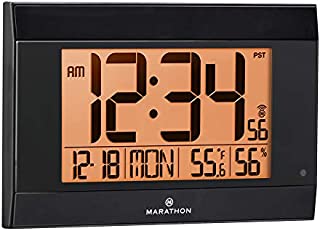 Marathon Large Atomic Wall Clock with Auto Backlight, Calendar, Temperature, and Humidity - Self Setting, Self Adjusting - Batteries Included - CL030052BK (Black Frame, Black Trim)