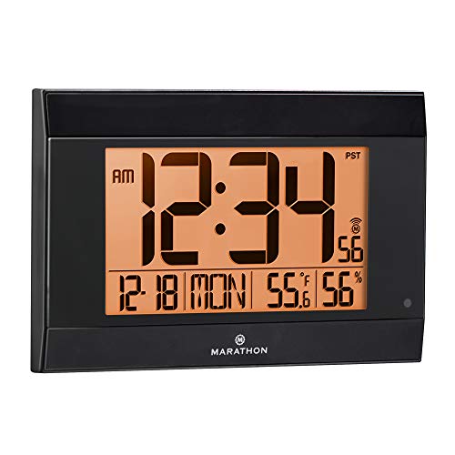 Marathon Large Atomic Wall Clock with Auto Backlight, Calendar, Temperature, and Humidity - Self Setting, Self Adjusting - Batteries Included - CL030052BK (Black Frame, Black Trim)