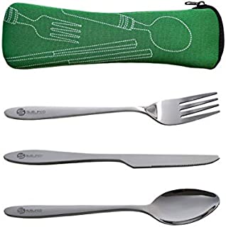 SUBLIMED 3 Piece Stainless Steel Camping Silverware Set, Knife, Fork and Spoon with Neoprene Case (Green)