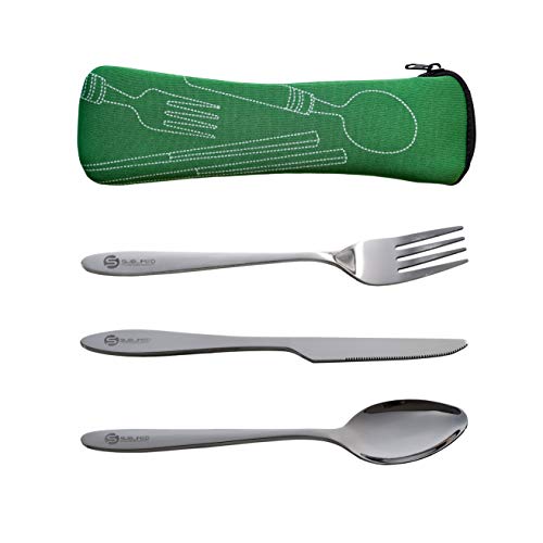 SUBLIMED 3 Piece Stainless Steel Camping Silverware Set, Knife, Fork and Spoon with Neoprene Case (Green)