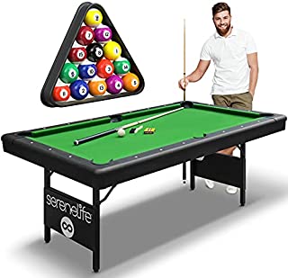 SereneLife 6-Ft Folding Pool Table - 76 Inch Foldable Billiard Game Table for Kids and Adults w/ Accessories, Includes Set of Billiard Balls, 2 Cues, Brush, Ball Triangle & 2 Chalk - SLPLTB76