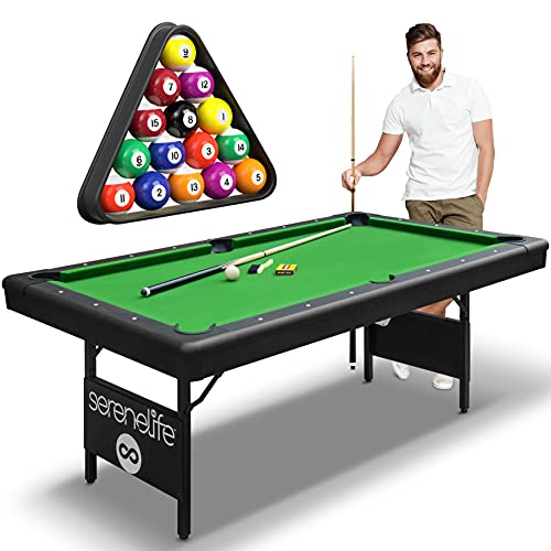 SereneLife 6-Ft Folding Pool Table - 76 Inch Foldable Billiard Game Table for Kids and Adults w/ Accessories, Includes Set of Billiard Balls, 2 Cues, Brush, Ball Triangle & 2 Chalk - SLPLTB76