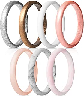 ThunderFit Women's Thin and Stackable 7 Pack Silicone Rings Wedding Bands 2.5mm Width - 2mm Thick (Black, Bronze, White, Rose Gold, Women Silver, Light Pink Mix, Marble, Light Peach, 7.5 - 8 (18.2mm)