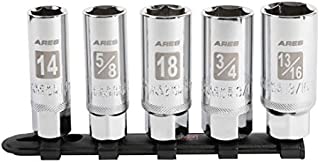 ARES 11007-5-Piece High Visibility 3/8-Inch Drive SAE & Metric Spark Plug Socket Set - Heat Treated CR-V Steel Mirror Polish Sockets with Rubber Retaining Rings - Spark Plug Removal