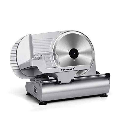 Meat Slicer, Techwood Electric Deil Food Slicer with Removable 9 Stainless Steel Blade, Deli Cheese Fruit Vegetable Bread Cutter with Adjustable Knob for Thickness, Food Carriage & Non-Slip Feet