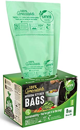 UNNI ASTM D6400 100% Compostable Trash Bags, 6-8 Gallon, 30L, 50 Count, Heavy Duty 0.85 Mils, Medium Home Garbage Liners, Portable Toilet Replacement Bags, US BPI and Europe OK Compost Home Certified