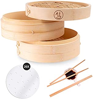 Coomin 10 Inch Bamboo Steamer Basket, Premium 2 Tier Food Steamer with Lid, Handmade Steamer for Cooking/Veggie/dumplings/Eggs, Contains 2 Pairs of Chopsticks, 1 Sauce Dish & 20 Liners