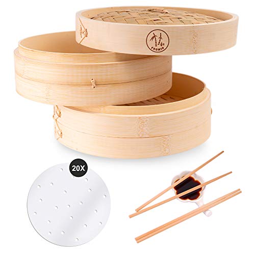 Coomin 10 Inch Bamboo Steamer Basket, Premium 2 Tier Food Steamer with Lid, Handmade Steamer for Cooking/Veggie/dumplings/Eggs, Contains 2 Pairs of Chopsticks, 1 Sauce Dish & 20 Liners