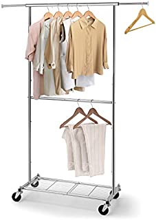 Simple Trending Standard Clothing Garment Rack, Rolling Clothes Organizer with Wheels and Bottom Shelves, Extendable, Chrome