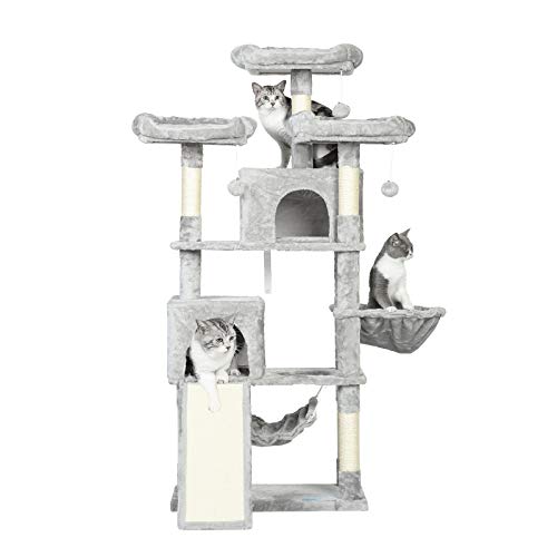 Hey-brother 63'' Multi-Level Cat Tree, King Cat Condo with Cozy Perches, Stable Cat Tower Pet Play House (Light Gray) MPJ024W