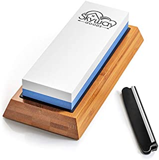 Sharpening Stone - Knife Sharpener - Double Grit Whetstone 1000/6000, Angle Guide and anti-slip Bamboo Base