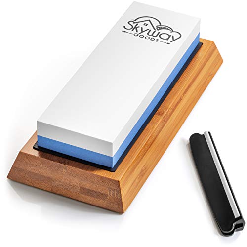 Sharpening Stone - Knife Sharpener - Double Grit Whetstone 1000/6000, Angle Guide and anti-slip Bamboo Base