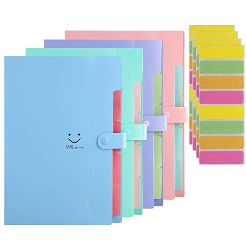 Sooez Expanding File Folders, 4 Pack Accordion Folders Plastic Folders Expanding Folders A4 Letter Size Document Organizer with File Folder Labels(Multicolored)