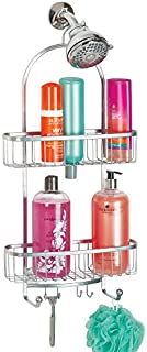 mDesign Large Metal Bathroom Tub & Shower Caddy, Hanging Storage Organizer Center with Built-in Hooks and Baskets on 2 Levels for Bathroom Showers, Stalls, Bathtubs - Silver