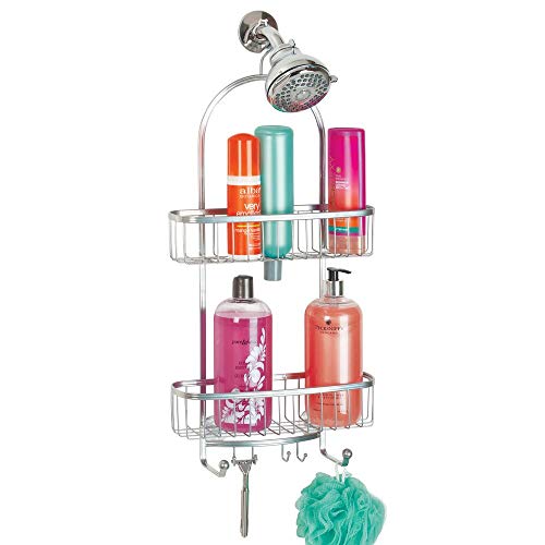 mDesign Large Metal Bathroom Tub & Shower Caddy, Hanging Storage Organizer Center with Built-in Hooks and Baskets on 2 Levels for Bathroom Showers, Stalls, Bathtubs - Silver