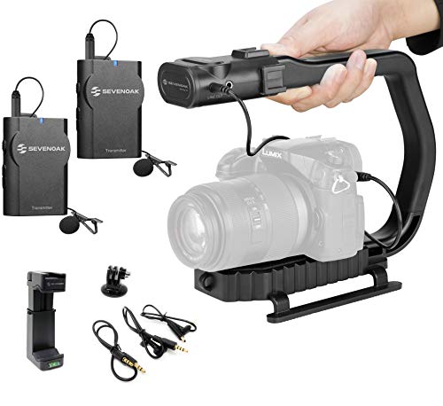 Movo MicRig-W2 Wireless Microphone Filmmaker Kit - Video Handle Camera Stabilizer with Dual Wireless Lavalier Microphone Compatible with DSLR, Mirrorless Cameras, iPhone, Android Smartphones