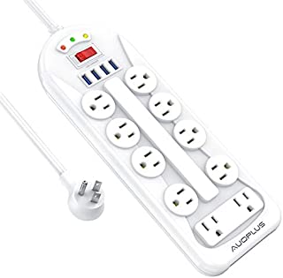 Power Strip 6Ft - Surge Protector, AUOPLUS 10 Outlet and 4 USB Charger, 6Ft Extension Cord Flat Plug(1875W/15A/3400J), Wall Mountable Grounded Overload Protection Outlet Strip for Home School Office