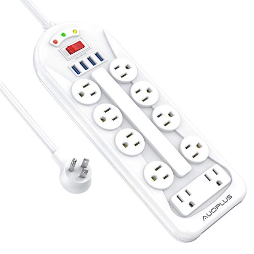 Power Strip 6Ft - Surge Protector, AUOPLUS 10 Outlet and 4 USB Charger, 6Ft Extension Cord Flat Plug(1875W/15A/3400J), Wall Mountable Grounded Overload Protection Outlet Strip for Home School Office