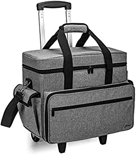 Teamoy Sewing Machine Case on Wheels, Rolling Sewing Machine Tote with Detachable Trolley Dolly and Bottom Wood Pad, Compatible with Singer Brother and Most Majority Machines and Accessories, Gray