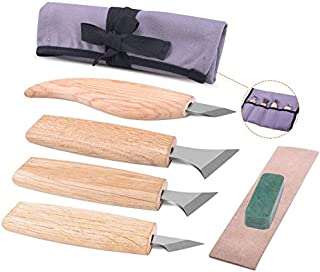 Wood Carving Tools Set, Wood Carving Kit Include 4 Carving Knife, One Set of Polishing Compound, Bonus Cut Resistant Gloves and Canvas Storage Bag