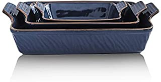 KOOV Bakeware Set, Ceramic Baking Dish Set, Rectangular Casserole Dish Set, Lasagna Pans for Cooking, Cake Dinner, Kitchen, 9 x 13 Inches, Texture Series 3-Piece (3 Piece, Dark Blue)