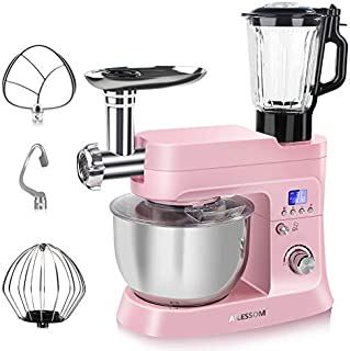 AILESSOM Stand Mixer with Meat Grinder and Juice Blender, 6 in 1 800W Tilt-Head 6.5 QT Multifunction Kitchen Stand Mixer, Digital Timer, 10 Speeds & Pulse, Dough Hook, Flat Beater, Whisk, Sausage/Cookie Press/Pasta maker