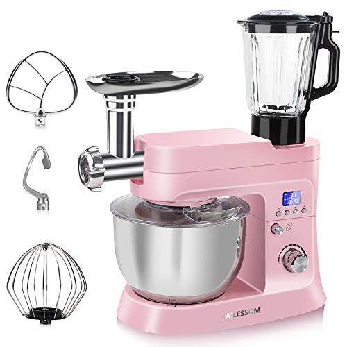 AILESSOM Stand Mixer with Meat Grinder and Juice Blender, 6 in 1 800W Tilt-Head 6.5 QT Multifunction Kitchen Stand Mixer, Digital Timer, 10 Speeds & Pulse, Dough Hook, Flat Beater, Whisk, Sausage/Cookie Press/Pasta maker