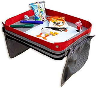 Kids E-Z Travel Lap Desk Tray by Modfamily - Universal Fit for Car Seat, Stroller & Airplane - Organized Access to Drawing, Snacks, and Activities. Includes Bonus Printable Travel Games - (Red)