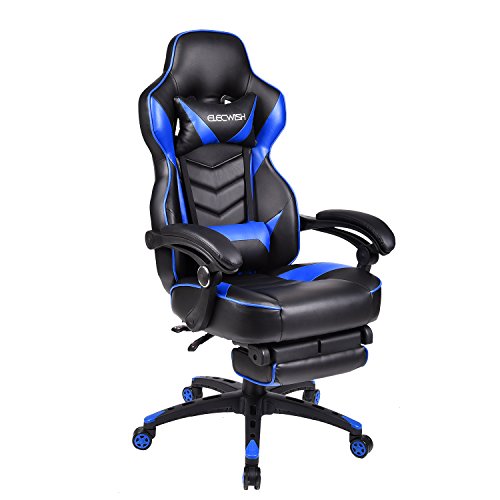 Video Gaming Chair Racing Office - PU Leather High Back Ergonomic Adjustable Swivel Executive Computer Desk Task for Adults Large Size with Footrest,Headrest and Lumbar Support (Black+Blue)