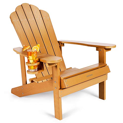 Adirondack Chair, SNAN Fade-Resistant Patio Lounge Chair with Cup Holder, Poly Lumber, Weatherproof, with 350lbs Duty Rating, All-Weather Outdoor Chair (Teak Color)