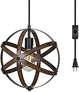 DEWENWILS Plug in Pendant Hanging Light, Wood Grain Industrial Style Metal Globe Vintage Ceiling Entryway Light Fixture with 15FT Cord and ON/Off Switch for Kitchen Island, Bedroom, Dining Hall