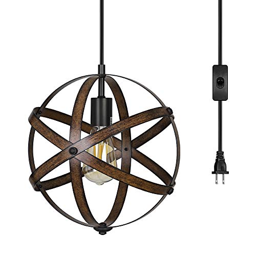 DEWENWILS Plug in Pendant Hanging Light, Wood Grain Industrial Style Metal Globe Vintage Ceiling Entryway Light Fixture with 15FT Cord and ON/Off Switch for Kitchen Island, Bedroom, Dining Hall