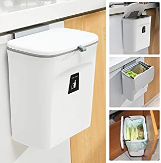 2.4 Gallon Kitchen Compost Bin for Counter Top or Under Sink, Hanging Small Trash Can with Lid for Cupboard/Bathroom/Bedroom/Office/Camping, Mountable Indoor Compost Bucket, White