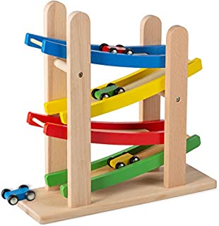 Play22 Wooden Car Ramps Race - 4 Level Toy Car Ramp Race Track Includes 4 Wooden Toy Cars - My First Baby Toys - Toddler Race Car Ramp Toy Set is A Great Gift for Boys and Girls - Original