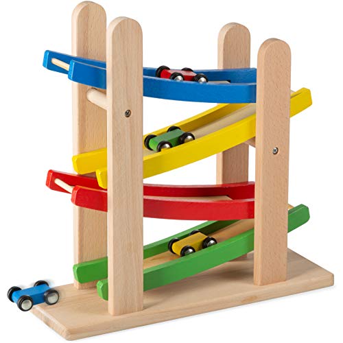 Play22 Wooden Car Ramps Race - 4 Level Toy Car Ramp Race Track Includes 4 Wooden Toy Cars - My First Baby Toys - Toddler Race Car Ramp Toy Set is A Great Gift for Boys and Girls - Original