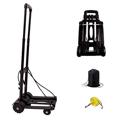 Folding Hand Truck, KINJOEK 40kg 88Lbs Solid Construction Utility Cart for Luggage with Oversized Wheels & Bonus Bungee Cord, Collapsible, Lightweight and Compact Luggage Dolly Cart for Travel, Black