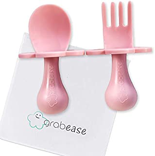 GRABEASE First Training Self Feed Baby Utensils  Anti-Choke, BPA-Free Baby Spoon and Fork Toddler Utensils Set with to-Go Case  Toddler Silverware for Baby Led Weaning Ages 6 Months+, Blush