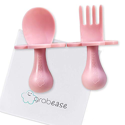 GRABEASE First Training Self Feed Baby Utensils  Anti-Choke, BPA-Free Baby Spoon and Fork Toddler Utensils Set with to-Go Case  Toddler Silverware for Baby Led Weaning Ages 6 Months+, Blush