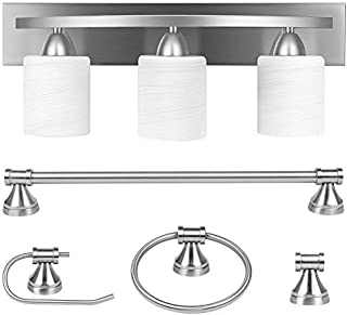 3-Light Bathroom Vanity Light Fixture, 5 Piece All-in-One Bath Sets, Bar, Towel Ring, Robe Hook, Toilet Paper Holder, Brushed Nickel with White Frosted Glass Vanity Light by PARTPHONER