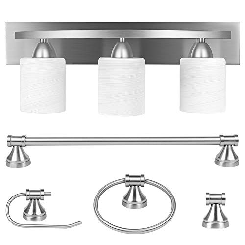 3-Light Bathroom Vanity Light Fixture, 5 Piece All-in-One Bath Sets, Bar, Towel Ring, Robe Hook, Toilet Paper Holder, Brushed Nickel with White Frosted Glass Vanity Light by PARTPHONER