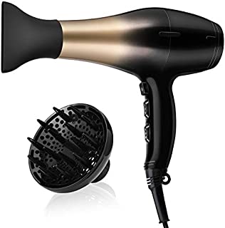 KIPOZI 1875W Hair Dryer, Negative Ionic Blow Dryer, Salon Grade Powerful Hairdryer with Concentrator&Diffuser, 2 Speed and 3 Heat Settings, Lightweight and Quiet /Packaging Vary (Golden Black)