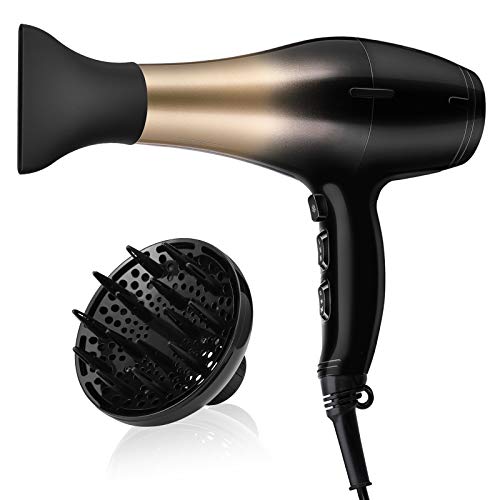 KIPOZI 1875W Hair Dryer, Negative Ionic Blow Dryer, Salon Grade Powerful Hairdryer with Concentrator&Diffuser, 2 Speed and 3 Heat Settings, Lightweight and Quiet /Packaging Vary (Golden Black)