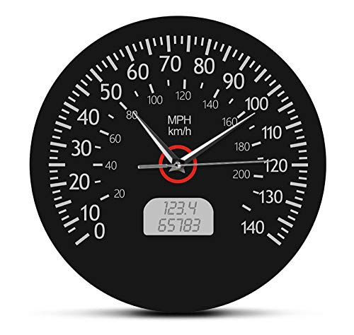 Haolc Speedometer Kilometers and Miles Printed Wall Clock Racing Mechanics Wall Art Black Car Dashboard Gauge Wall Watch Garage Decor