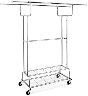 Simple Trending Double Rail Clothes Garment Rack, Heavy Duty Commercial Grade Clothing Rolling Rack on Wheels and Bottom Shelves, Holds up to 300 lbs, Chrome