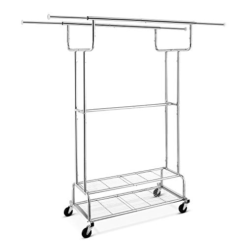 Simple Trending Double Rail Clothes Garment Rack, Heavy Duty Commercial Grade Clothing Rolling Rack on Wheels and Bottom Shelves, Holds up to 300 lbs, Chrome