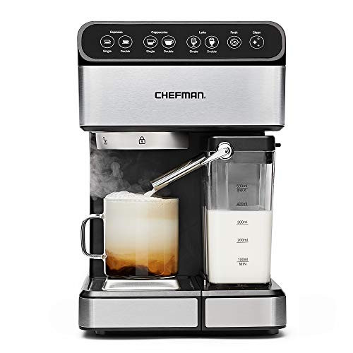 Chefman 6-in-1 Espresso Machine Powerful 15-Bar Pump, Brew Single or Double Shot, Built-In Milk Froth for Cappuccino & Latte Coffee, XL 1.8 Liter Water Reservoir, Dishwasher-Safe Parts,Stainless Steel