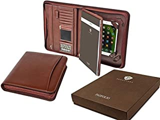 Professional Executive Business Resume Portfolio Padfolio Organizer PU Leather iPad & iPad mini ready for use - Tablet Sleeve, Zipper, Paper Pad, Business Card and Pen Holders, Document Folder - Brown